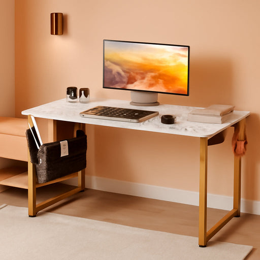 Computer Desk, 40 Inch Small Study Desk, Office Desk with Storage, Work Table with Headphone Hook for Small Space Home Office, White Marble + Gold Leg