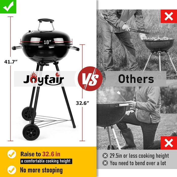 Kettle Charcoal Grill (18 Inch), Outdoor Barbecue Grill for Camping/Backyard/Tabletop Grilling, Portable round Smoker with Wheels, Enameled Lid & Fire Bowl, Dual Venting System, Black