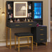 Makeup Vanity with Upholstered Stool & Charging Station, Vanity Desk with Mirror and Lights & Jewelry Storage, Vanity Table Set with RGB Lights & 5 Drawers & Shelves, Black & Gold