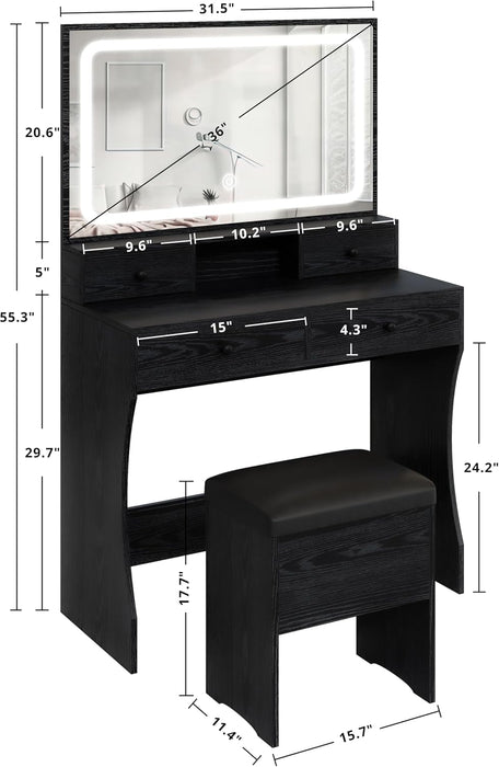 Black IntegratedLED Vanity Desk With Illuminated Mirror