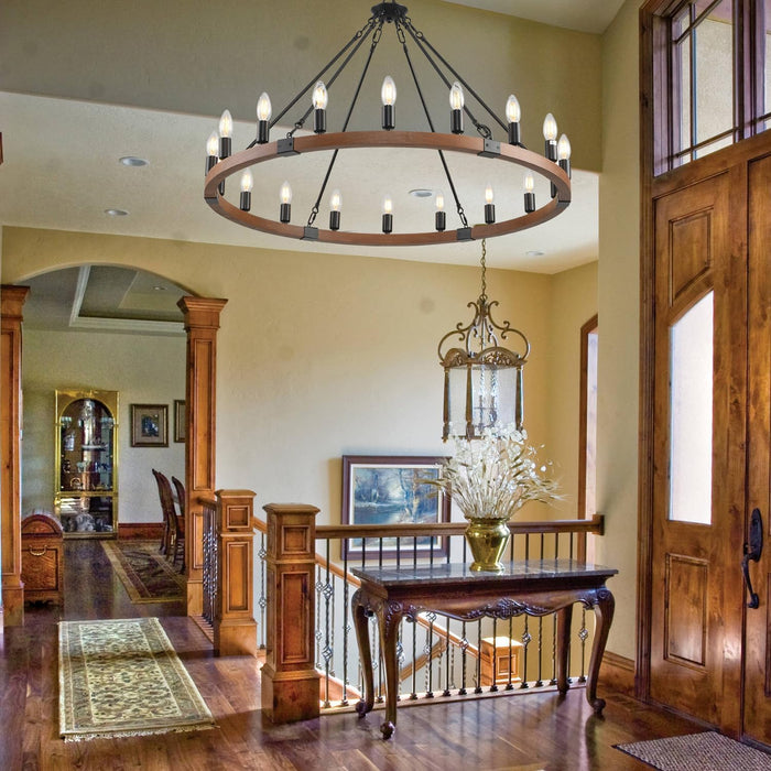 38”Wooden Wagon Wheel Chandelier,Black Vintage 18 Light Rustic round Hanging Light Fixture,Industrial Country Ceiling Light Used in the Farmhouse,Hallway,Foyer,Living Room,Dining Room