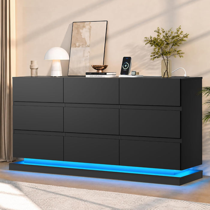 9 Drawer Dresser with LED Light, Dresser with Charging Station