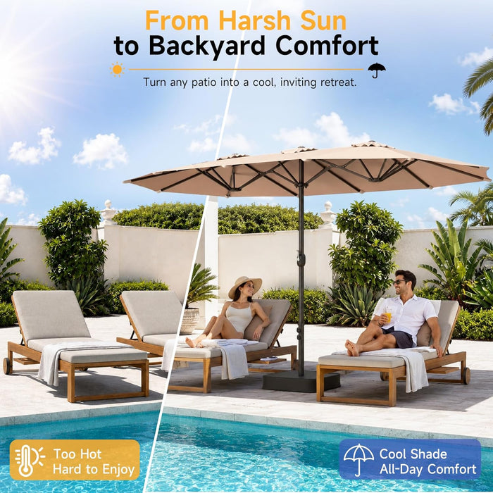 15Ft Patio Umbrella with Base Included, Extra Large Shade Area, Double Sided Rectangle with Crank Handle for Poolside, Garden, Yard, Beige