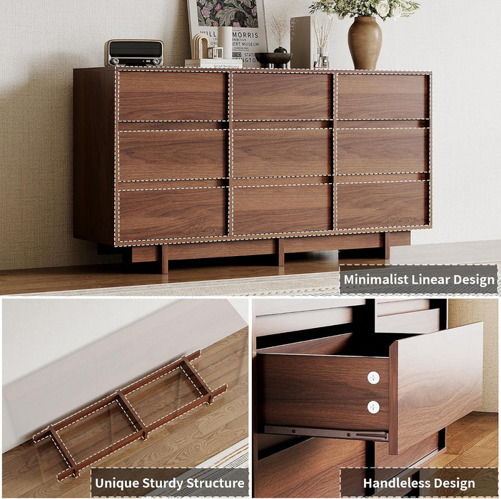9 Drawer Walnut Dresser for Bedroom,59" Wide Mid Century Modern Dresser