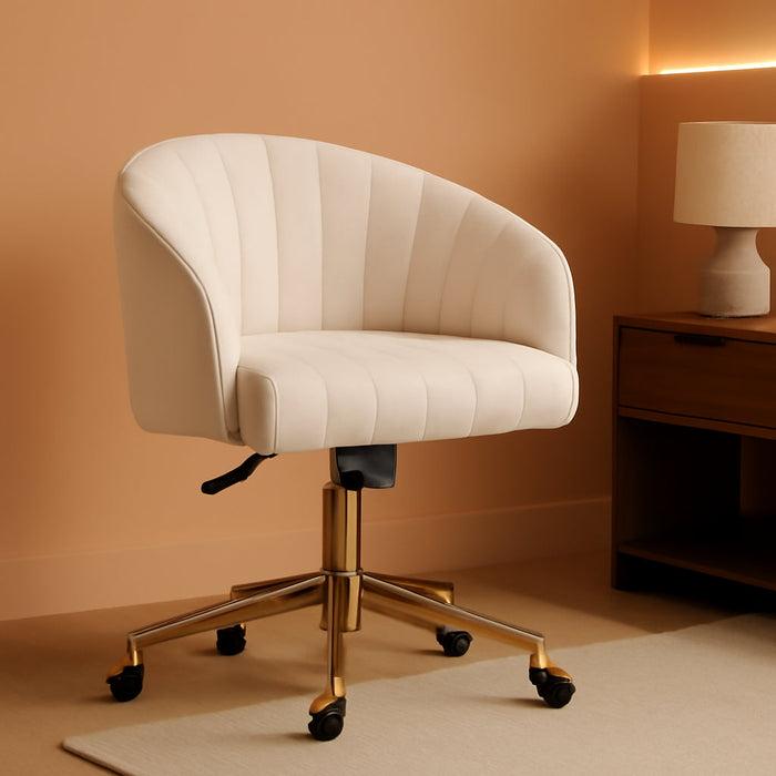 Velvet Office Desk Chair, Upholstered Home Office Desk Chairs with Adjustable Swivel Wheels, Ergonomic Office Chair for Living Room, Bedroom, Office, Vanity Study (Beige)