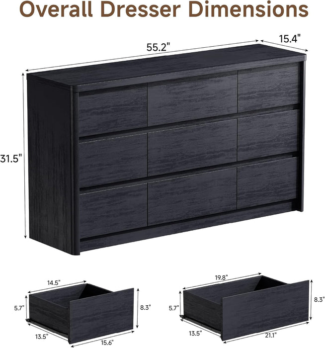 Modern 9 Drawers Dresser for Bedroom, 55" Wide Bedroom Dressers & Chest of Drawers W/Curved Profile, Mid Century Wood Dressers with Handleless Design, Large Dresser for Bedroom Living Room