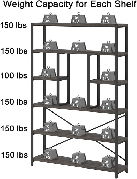 6 Tier Industrial Bookshelf for Bedroom Living Room Office, Dark Grey