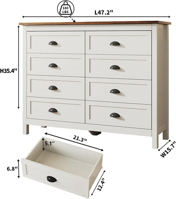 Farmhouse White Dresser for Bedroom, 8 Drawers Dresser