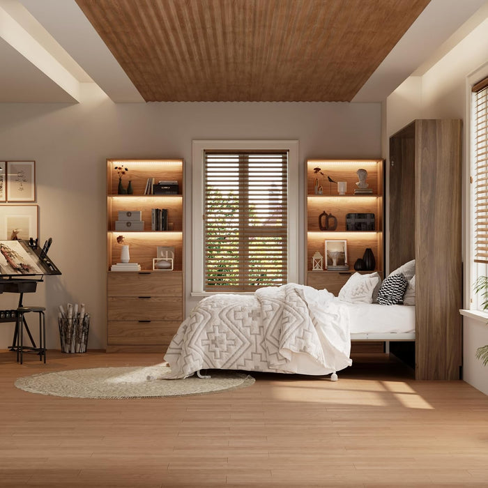 Queen Murphy Bed,Farmhouse Guest Beds,Folding Wall Bed with Hydraulic Bar,64" W Twin Murphy Beds with 2 LED Storage Cabinet for Small Spaces/Offices/Apartments/Guest Room,Brown+Walnut