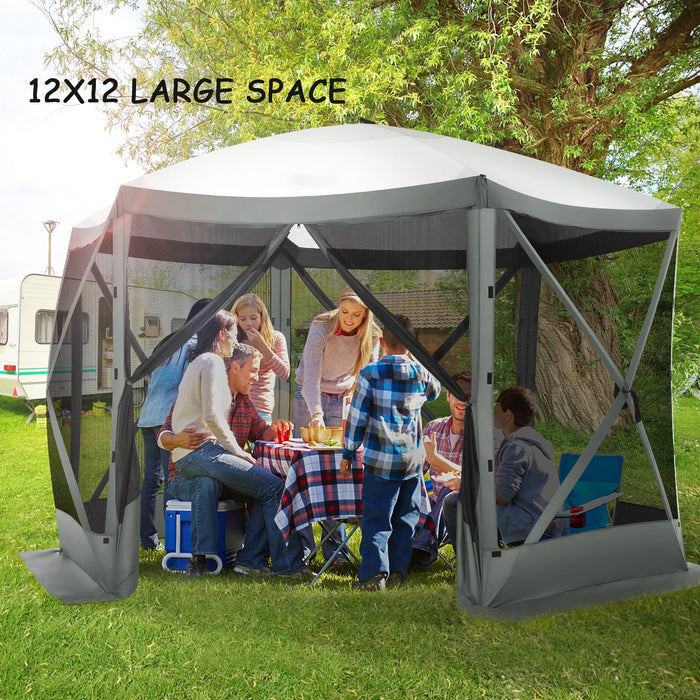 12'X12' Pop-Up Gazebo Outdoor Camping Tent with 6 Sides Mosquito Netting, Waterproof, UV Resistant, Portable Screen House Room, Easy Set-Up Party Tent with Carry Bag, Ground Spike, Gray