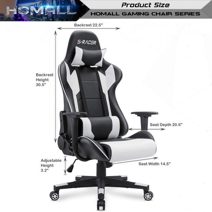 Gaming Chair, Office Chair High Back Computer Chair Leather Desk Chair Racing Executive Ergonomic Adjustable Swivel Task Chair with Headrest and Lumbar Support (White)