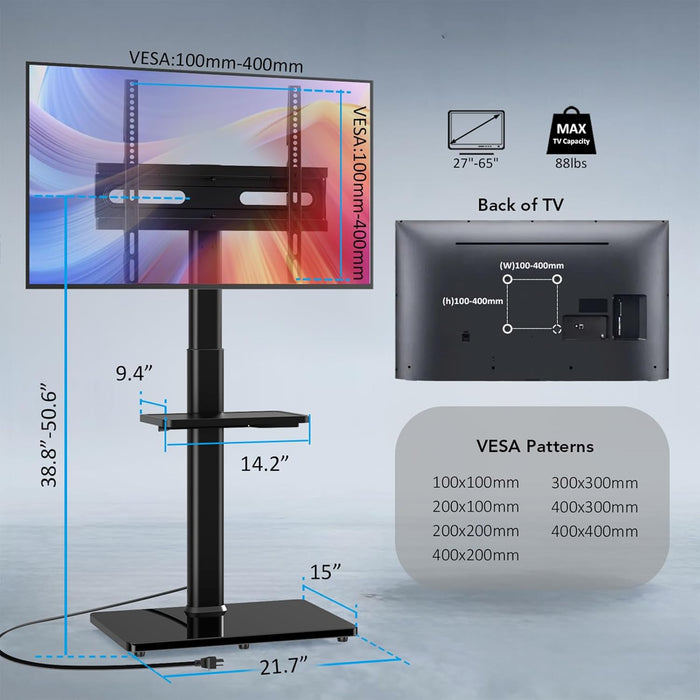 Floor TV Stand with Power Outlet& Shelf, Universal TV Stand Mount for 27-65 Inch TV up to 88Lbs, 70 Degree Swivel 9 Level Height Adjustable with Tempered Glass Base for Bedroom, Office Black