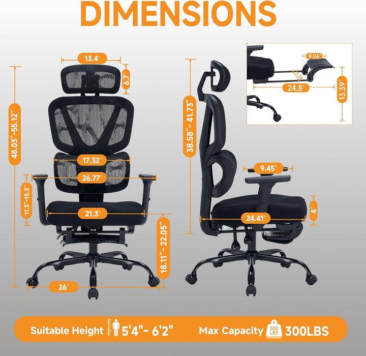 Ergonomic Office Chair with Footrest, 90-160° Reclining Mesh Desk Chair, 3D Armrest & 2D Headrest & Comfortable Lumbar Support, High Back Mesh Computer Chair for Home Office Long Hours, Tilt Lock