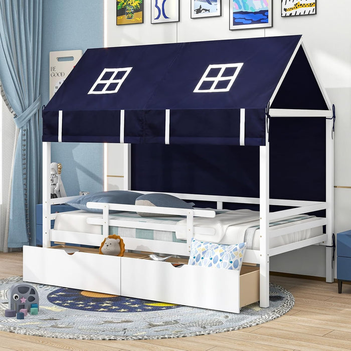 White Twin Montessori House Bed Frame With Drawers