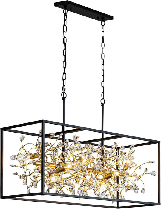 Black and Gold Chandelier, 8-Light Rectangle Crystal Chandeliers Rectangular Modern Farmhouse Pendant Light Fixture for Dining Room Kitchen Island Large, L38.5 Inch