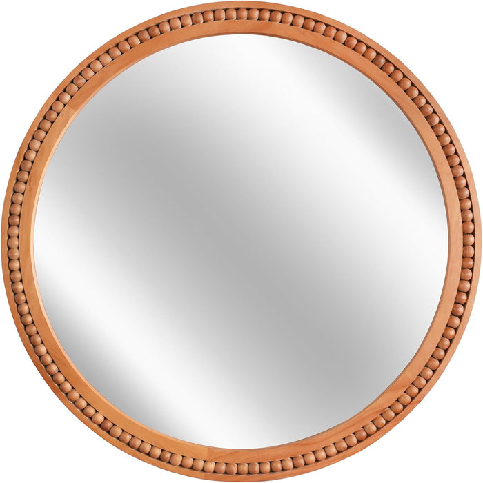 30 Inch round Wall Mirror with Beaded Solid Wood Frame, Decorative Wall Mirror with Tempered Glass, Farmhouse Home Decor for Bathroom, Living Room, Entryway, Yellowish Brown