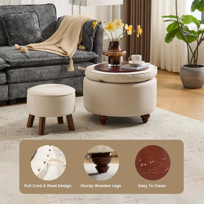 24Inch round Storage Ottoman, Set of 2, Modern Button Tufted Coffee Table with Removable Top, Upholstered Ottoman with Storage Footrest Stool for Living Room, Bedroom (Khaki)