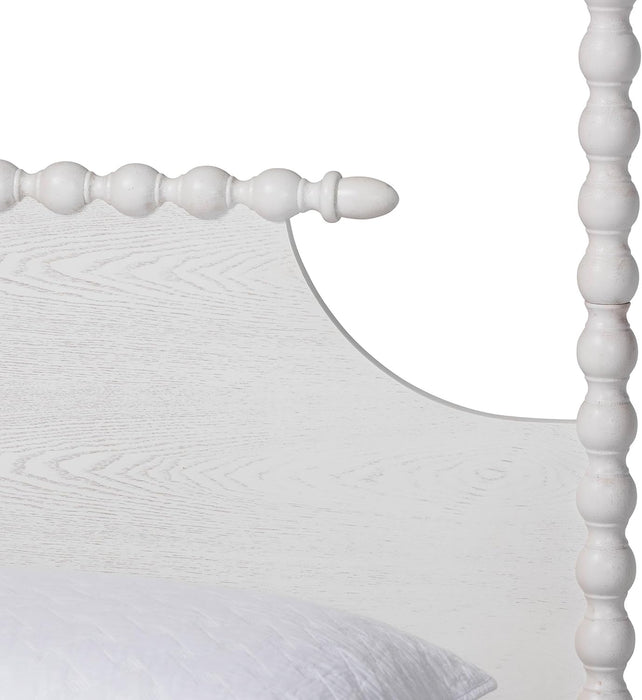 Caliana Bobbin Four-Poster Platform Bed - Wooden Bed Frame with Turned Spindle Posts and Panel Headboard, Vintage-Inspired Bedroom Furniture, White, Queen