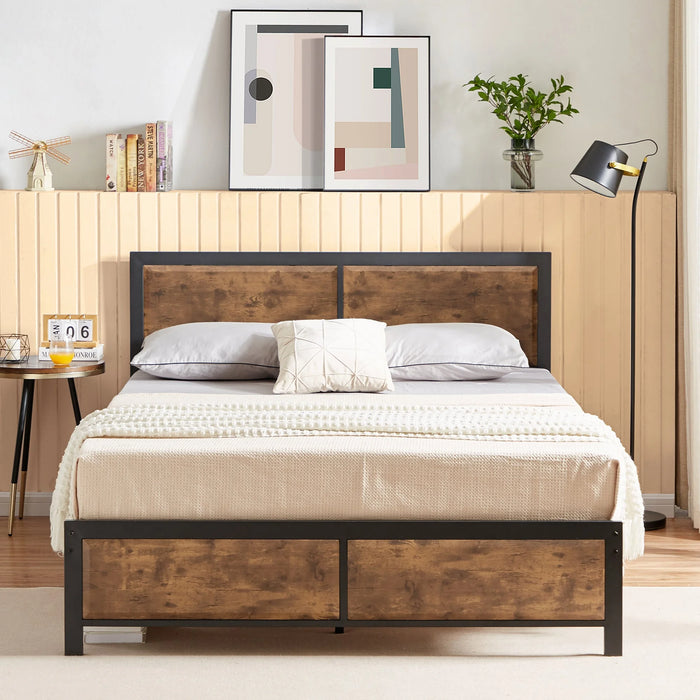 4-Piece Bedroom Set with Queen Size Platform Bed Frame & 5-Drawer Dresser & Two Nightstands, Brown