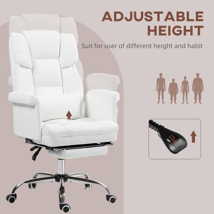 Executive Office Chair with Footrest and Lumbar Support, PU Leather Ergonomic Office Desk Chair, Reclining and Swivel Chair, White