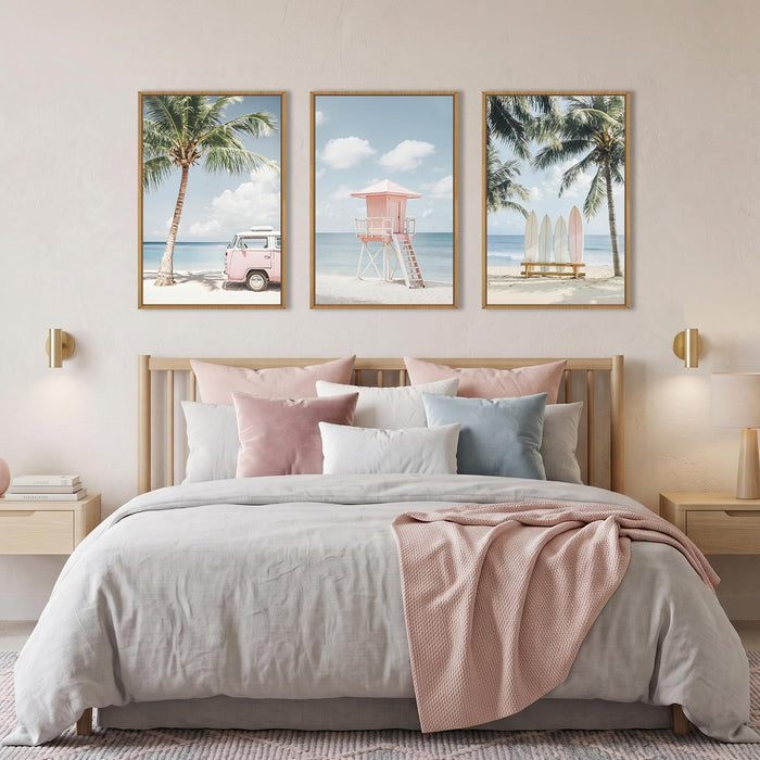Large Beach Seascape Ocean Framed Canvas Wall Art Set,Modern Coastal Surfboard Palm Tree Wall Decor,Summer Pink Van Artwork for Living Room,Bedroom,Dining Room,Office-16 X24 X3