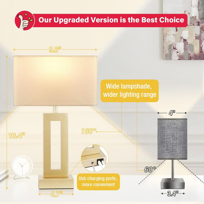 Bedroom Table Lamps Set of 2 - Touch Bedside Lamps with USB C+A, 3 Way Dimmable Gold Lamp for Nightstand, Modern Night Stands Lamps for Living Room End Tables Desk Bed Side Study Room(16.4N)