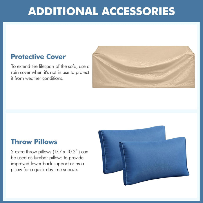 3-Seat Patio Wicker Sofa, Outdoor Rattan Couch with Furniture Cover, Deep Seat High Back with Cushions & Throw Pillows for Deck/Porch/Balcony/Yard, Brown/Dark Blue