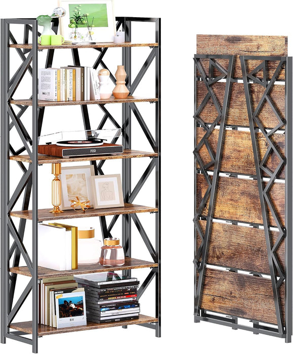 No Assembly Folding Bookshelf, 61.9" H X 23.6" W, 6 Tier Foldable Book Shelf Industrial Bookcase, Vintage Collapsible Storage Shelves for Home Office Living Room Bedroom, Rustic Brown Black