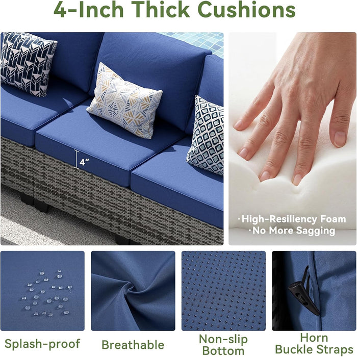 6 PCS Patio Furniture Set, Outdoor Sectional All-Weather Wicker Conversation Set with Swivel Rocker Chairs, 4'' Thick Cushions for Backyard Poolside(Navy/Grey)