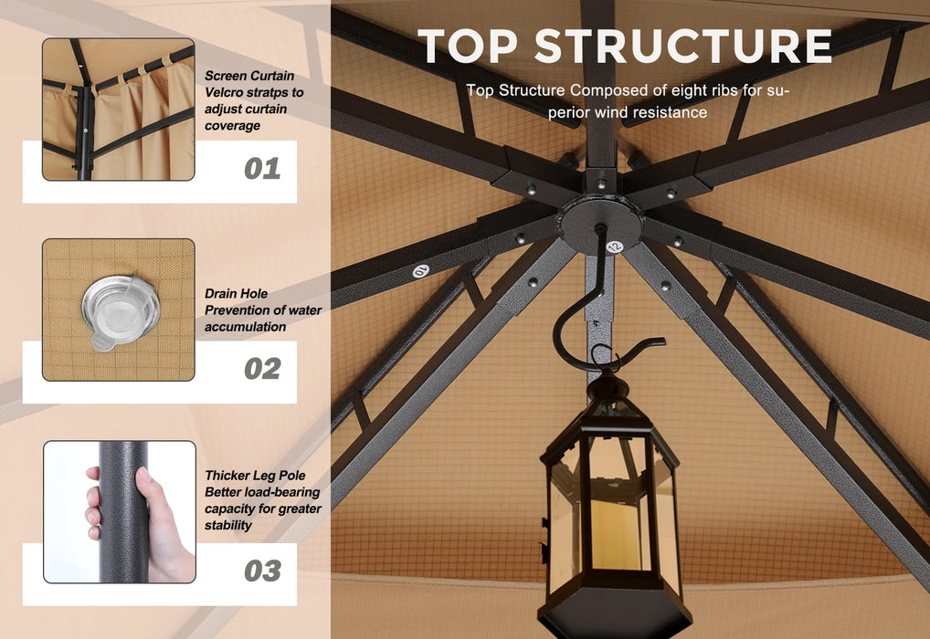 9' X 9' Outdoor Patio Gazebo Double Roof Steel Frame with Mesh Walls, Beige