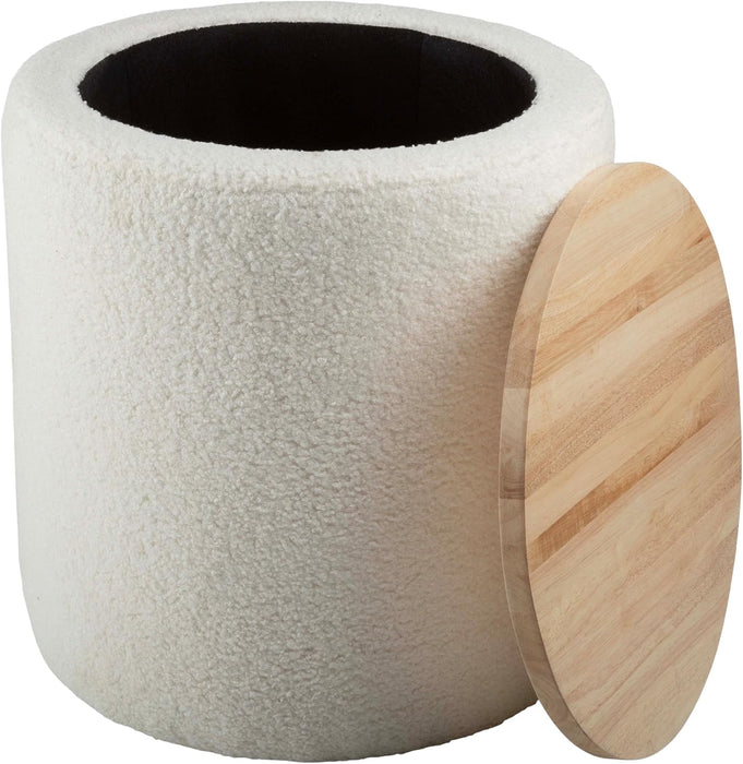 Storage Ottoman - Teddy Fabric Upholstered Ottoman with Wood Top for Living Room, Dorm, or Apartment - Ottomans with Storage (Cream)