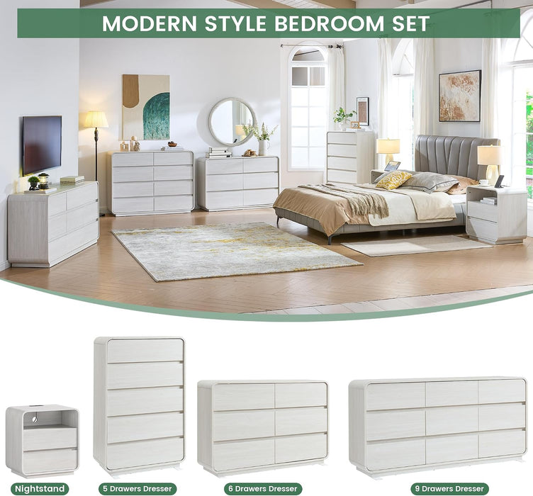 White Dressers of 9 Drawers, Chest Dresser with Deep Drawers, Modern Dresser Closet for Bedroom, Curved Drawer with Large Storage, 57'' Wide