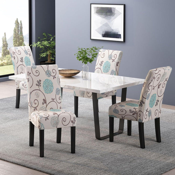 Evangeline Contemporary Fabric Dining Chairs (Set of 4), 17.5D X 26.75W X 39H Inch, Light Beige with Blue Floral, Espresso