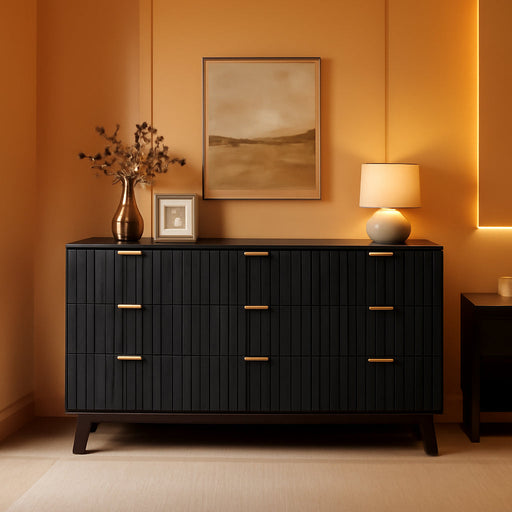 Fluted Dresser for Bedroom, 57" Wide Chest of 9 Drawers, Black