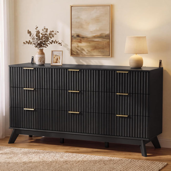 Fluted Dresser for Bedroom, 57" Wide Chest of 9 Drawers, Black