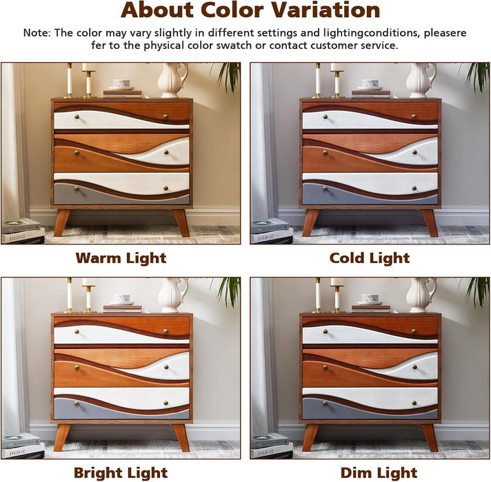 3-Drawer Dresser with Sculpted Wave Fronts, Tri-Color Drawer Design, Modern Chest of Drawers Storage Cabinet for Bedroom, Living Room, Hallway, or Office