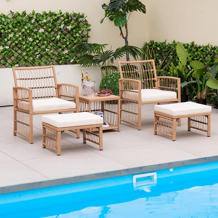 5 Piece Patio Wicker Sofa Set, Outdoor Rattan Conversation Set with Seat Cushions, 2-Tier Coffee Table & 2 Ottomans, Wicker Sofa Set for Backyard, Poolside (Natural)