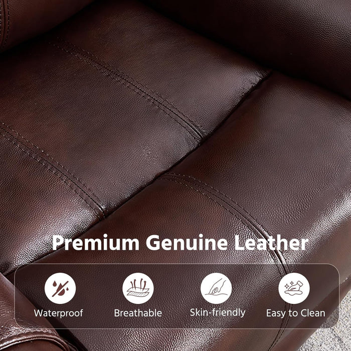 Geniune Leather Manual Loveseat Recliner Sofa Set of 2 with Center Console, Overstuffed 2-Seater Reclining Couch with Hidden Storage & Cup Holders, 2 Dual Recliner for Living Room, Rust Brown
