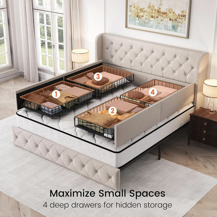 King Size Bed Frame with 4 Storage Drawers and Tufted Headboard Linen Upholstered Platform Bed Frame Wingback Beds with Wooden Slats Support, Easy Assembly, Beige