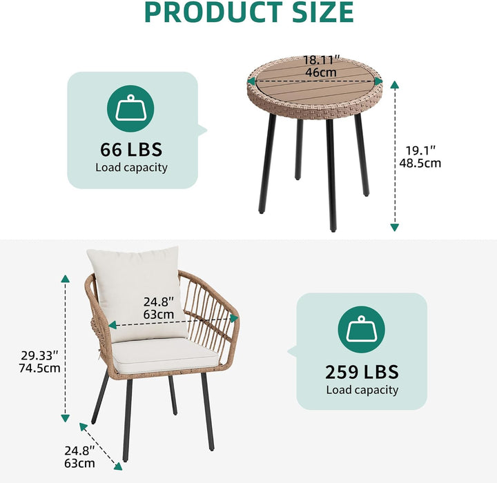 3 Pieces Outdoor Wicker Patio Conversation Bistro Set, All-Weather Rattan Patio Furniture Set with Table & Cushions, Outdoor Sectional Sofa for Patio, Balcony, Backyard, Deck