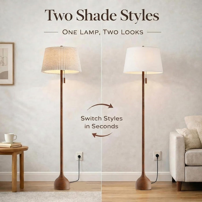 Mid Century Modern Real Wood Floor Lamp with 2 Shades for Two Looks