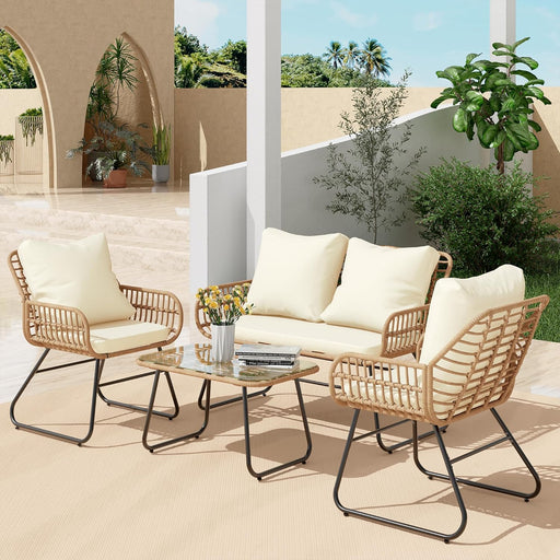 4-Piece Outdoor Patio Furniture Set with Cushions & Tempered Glass Table, All-Weather Rattan Bistro Set with Loveseat Chairs Table Soft Cushions for Garden, Porch, Backyard -Beige