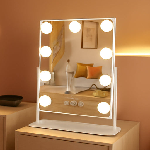 Vanity Mirror with Lights, 9 Led Bulbs Lighted Makeup Mirror with Detachable 10X Magnification Mirror, Hollywood Mirror 3 Color Lights Tabletop Makeup Mirror, 360°Rotation