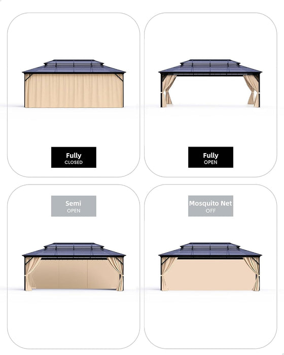 Hard Top Gazebo 12 Ft X16 Ft for All Weather, Double Polycarbonate Sheets Roof, Aluminum Alloy Frame, Net, and Curtain, Permanent Building for Patio, Deck, Backyard, Lawn, and Garden