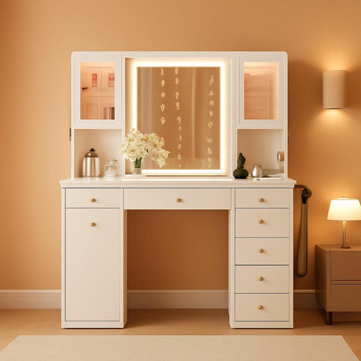 Makeup Vanity Desk with Mirror & LED Lights, Large Glass Top Vanity Table with 7 Drawers & 3 Cabinets, Modern Dressing Table with Charging Station & RGB Lights for Bedroom, White