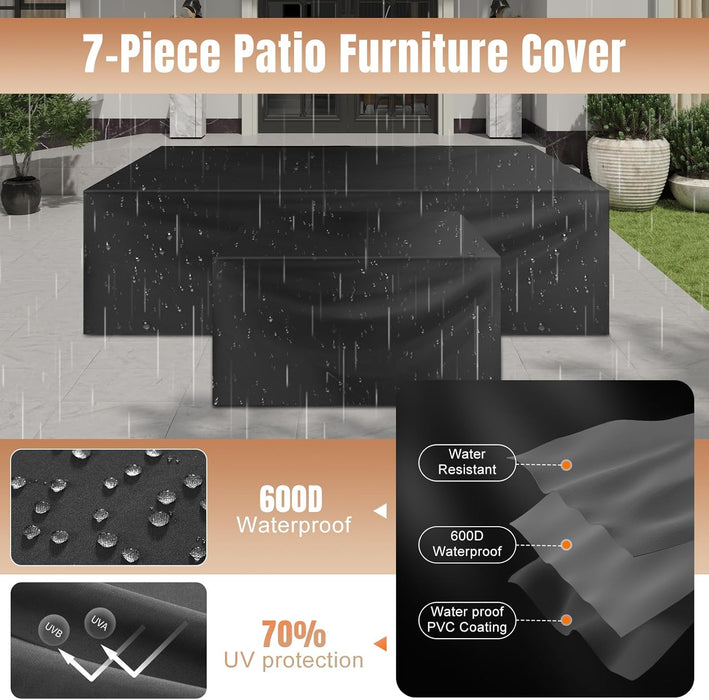 7 Pieces Patio Furniture Set with 44” Fire Pit Table Wicker Rattan Outdoor Sectional Conversation Set with Coffee Table and 4” Thickened Cushions, Beige (Waterproof Cover Included)