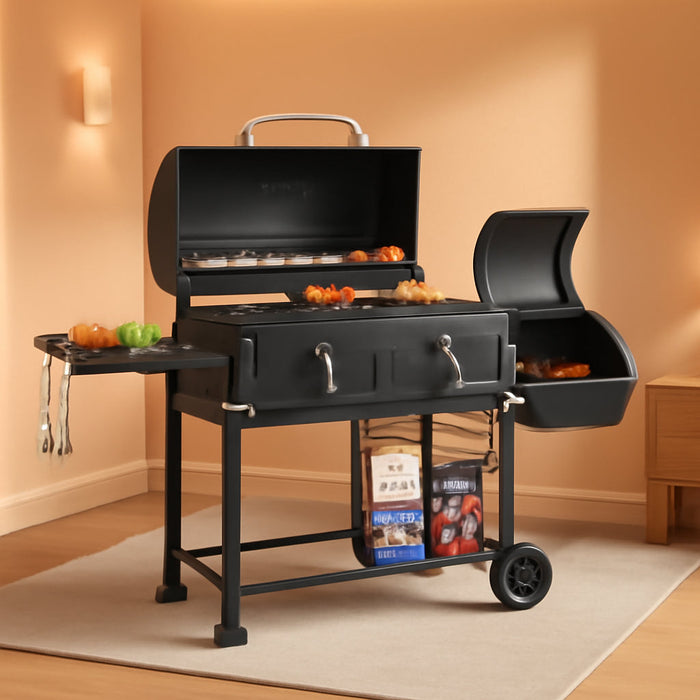 30 Inch Barrel Charcoal Grill and Offset Smoker, 1015 Sq. In. Cooking Area Outdoor BBQ Grill, Perfect for Outdoor Cooking Barbecue Patio Garden Backyard Party