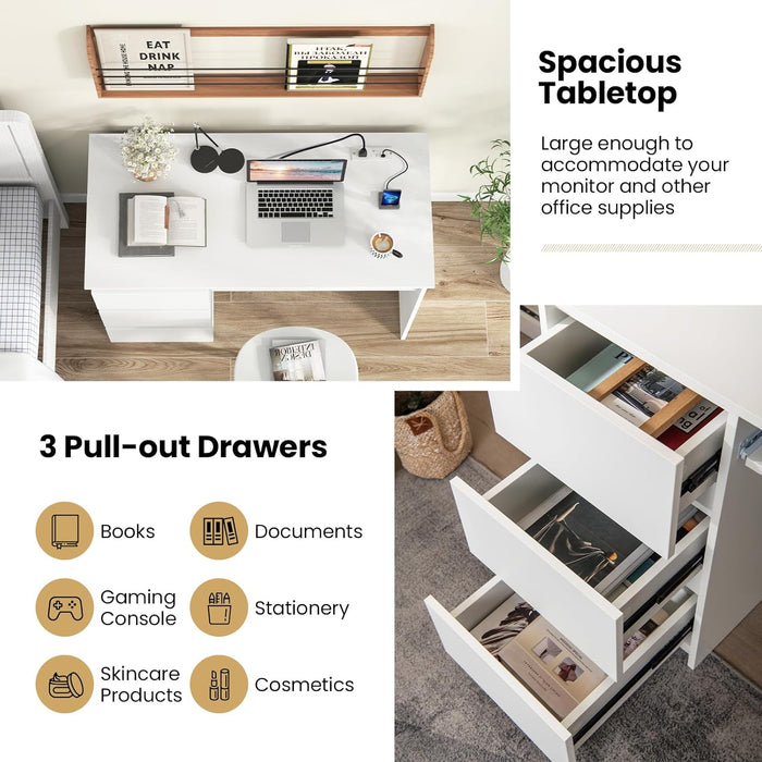 White Desk with 3 Storage Drawers & Built-In Charging Station, Home Office Desk with Keyboard Tray, PC Desk Study Writing Table, Vanity Table for Bedroom, Computer Workstation (White)
