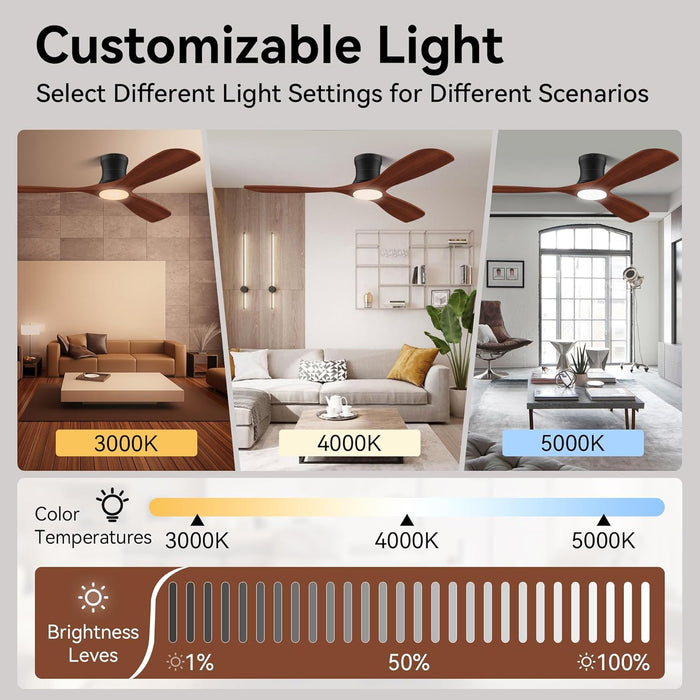 52” Smart Low Profile Ceiling Fans with Lights Remote,3 Wood Blade,Quiet DC Motor,Outdoor Indoor Flush Mount Ceiling Fan,Voice Control via WIFI Alexa App,Modern Lighting& Ceiling Fan for Bedroom Patio