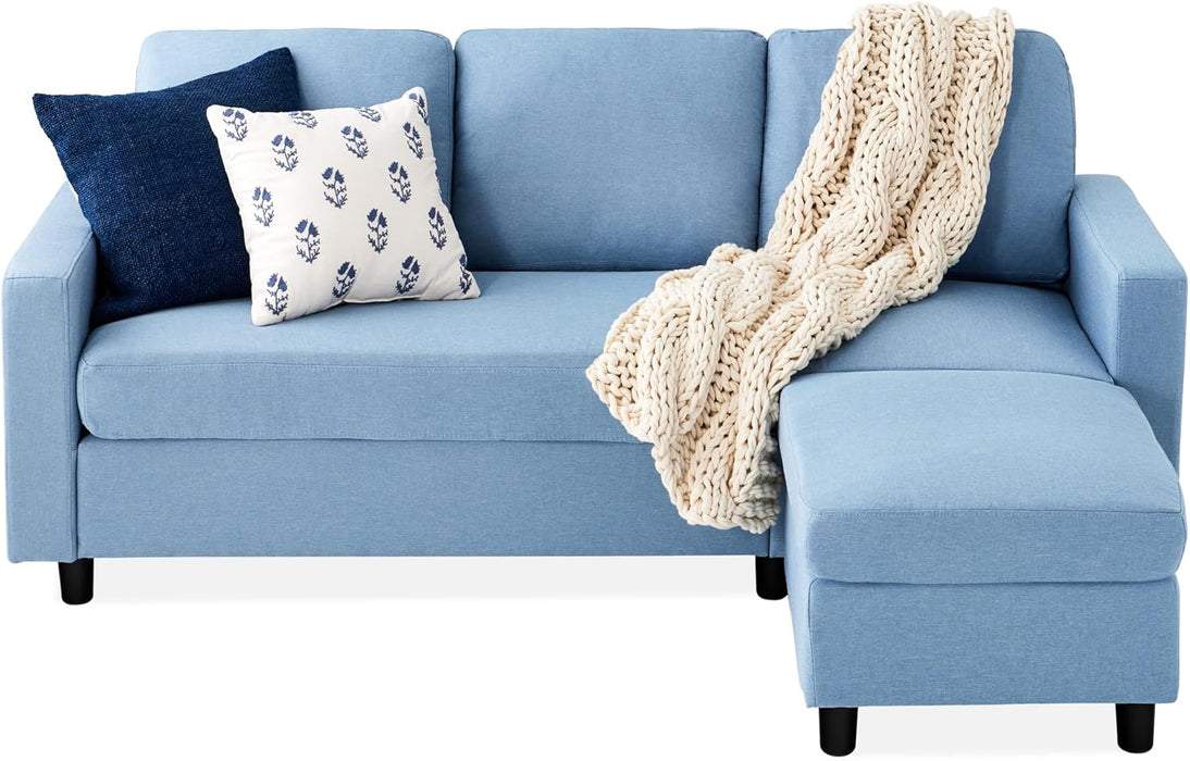 Upholstered Sectional Sofa for Home, Apartment, Dorm, Bonus Room, Compact Spaces W/Chaise Lounge, 3-Seat, L-Shape Design, Reversible Ottoman Bench, 680Lb Capacity - Light Blue